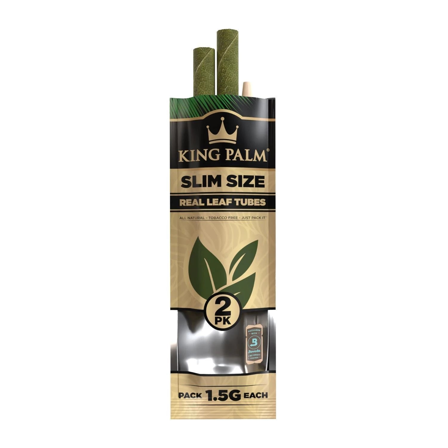 King Palm Slim Size Real Leaf Tubes Natural 2er Pack – geöffnete Verpackung mit zwei herausragenden Blattröhrchen 1,5g